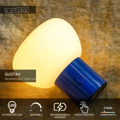 Lucide GUSTAV - Rechargeable Table lamp - Battery pack - Ø 8 cm - LED Dim. - 1x0,8W 2700K - Blue
